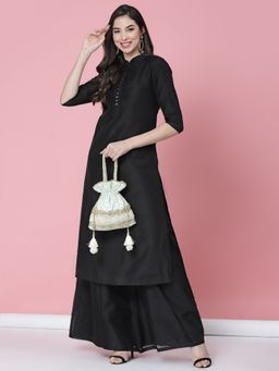 Anekaant - Dangle Cyan & Gold Embroidered & Embellished Faux Silk Potli