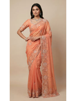 Dress & Dazzle - Peach Orange Embellished Saree with Unstitched Blouse