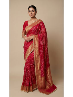 Dress & Dazzle - Ruby Red Chiffon Bandhani Saree with Unstitched Blouse