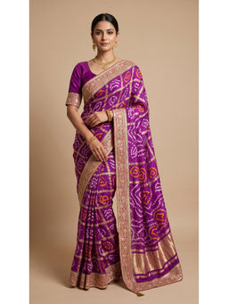 Dress & Dazzle - Purple Gharchola Bandhani Saree with Unstitched Blouse