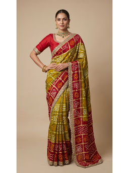 Dress & Dazzle - Olive and Red Gharchola Bandhani Saree with Unstitched Blouse