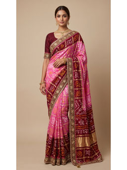 Dress & Dazzle - Pink and Maroon Bandhani Saree with Unstitched Blouse