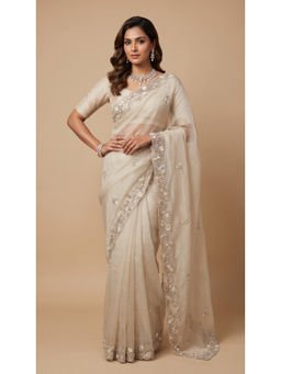 Dress & Dazzle - Vanilla Cream Tissue Embellished Saree with Unstitched Blouse
