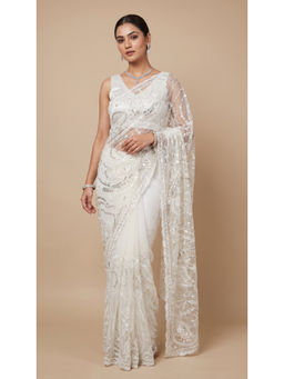 Dress & Dazzle - White Net Embellished Saree with Unstitched Blouse