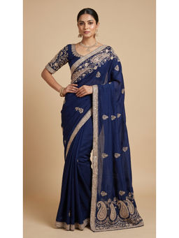 Dress & Dazzle - Navy Blue Embellished Saree with Unstitched Blouse