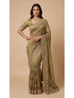 Dress & Dazzle - Dark Olive Green Embellished Saree with Unstitched Blouse