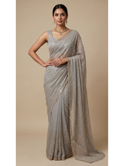 Dress & Dazzle - Silver Grey Tissue Embellished Saree with Unstitched Blouse