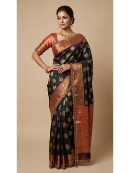 Dress & Dazzle - Black Katan Silk Woven Saree with Unstitched Blouse