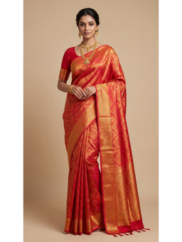 Dress & Dazzle - Fiery Orange Banarasi Saree with Unstitched Blouse