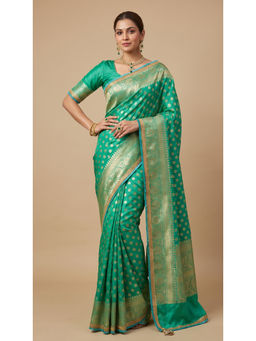 Dress & Dazzle - Neon Green Silk Woven Saree with Unstitched Blouse