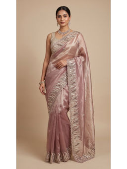 Dress & Dazzle - Onion Pink Tissue Embellished Saree with Unstitched Blouse