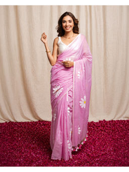 Ethnic Elements - Women's Pink floral Handpainted Saree without Blouse