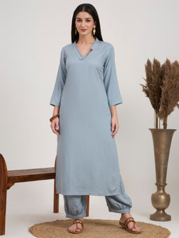 PINKSKY - Women's Grey Embroidered Neck Kurta with Salwar