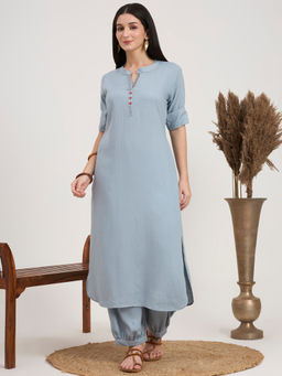 PINKSKY - Women's Grey Embroidered Neck Kurta with Salwar