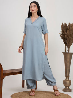 PINKSKY - Women's Grey Embroidered Neck Kurta with Salwar