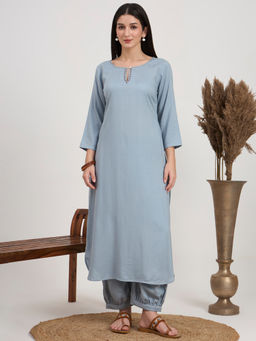 PINKSKY - Women's Grey Embroidered Neck Kurta with Salwar