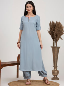 PINKSKY - Women's Grey Embroidered Neck Kurta with Salwar