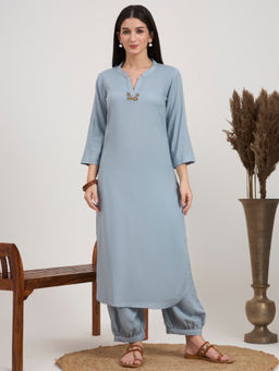 PINKSKY - Women's Grey Embroidered Neck Kurta with Salwar