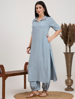 PINKSKY - Women's Grey Embroidered Collar Neck Kurta with Salwar