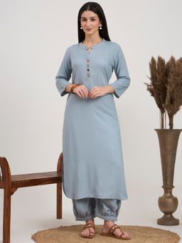 PINKSKY - Women's Grey Embroidered Neck Kurta with Salwar