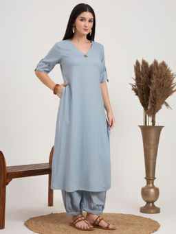 PINKSKY - Women's Grey Embroidered Neck Kurta with Salwar