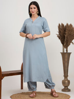 PINKSKY - Women's Grey Embroidered Neck Kurta with Salwar