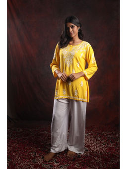 Gharana India - Women's Modal Cotton Yellow Chikankari Tunic
