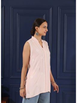 Gharana India - Women's Pink Modal Cotton Chikankari Sleeveless Tunic