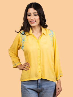 Gharana India - Women's Yellow Floral Embroidered Shirt