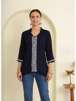 Gharana India - Women's Navy Blue Luxury Fine Embroidery Chikankari Tunic