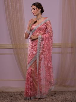 Koskii - Pink Stonework Net Saree with Unstitched