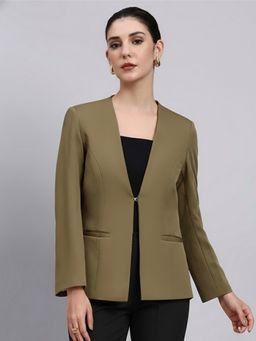 Powersutra - Women Olive Green Single Breasted Formal Blazer