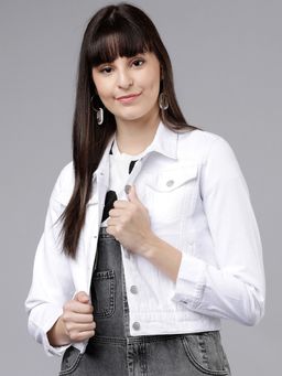 TOKYO TALKIES - White Women Solid Collar Neck Denim Crop Jacket