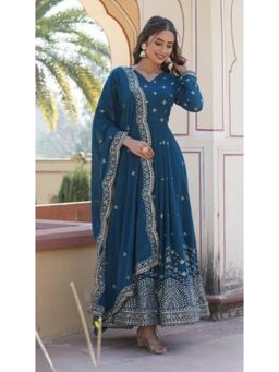 Anveri Textiles - Women Blue Georgette Full Sleeves Dress with Dupatta