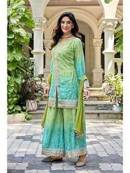 Anveri Textiles - Women Green Silk Full Sleeves Kurta with Palazzo and Dupatta