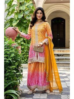 Anveri Textiles - Women Orange Silk Full Sleeves Kurta with Palazzo and Dupatta