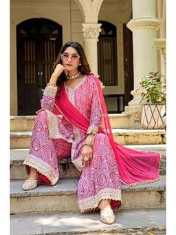 Anveri Textiles - Women Pink Silk Full Sleeves Kurta with Palazzo and Dupatta