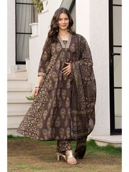 GEKHA - Women Brown Cotton Three Fourth Sleeves Kurta with Pant and Dupatta