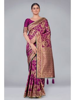Monjolika Fashion - Banarasi Silk Purple Zari Woven Traditional Saree with Unstitched Blouse