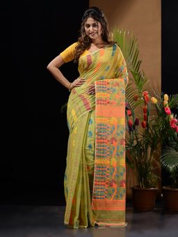 CHARUKRITI - Pistachio Green Handwoven Saree with Floral Designs & Motifs