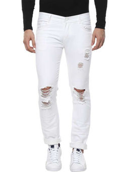 Urbano Fashion - Men Heavy Distressed White Slim Fit Stretch Jeans