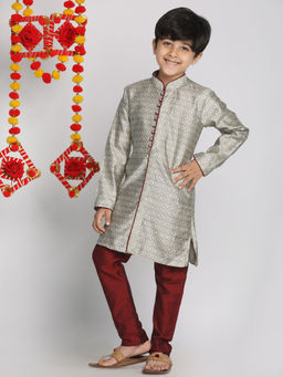 Vastramay - Boys Beige Grey And Maroon Kurta Pyjama (Set of 2)