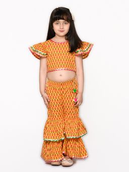 SAKA DESIGNS - Mustard Sharara Top with Multicolour Lace Detailing (Set of 2)