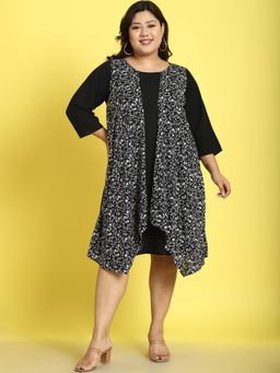 theRebelinme - Plus Size Womens Black Small Floral Printed A-Line Knee Dress
