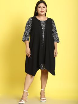 theRebelinme - Plus Size Womens Black & White Small Floral Printed A-Line Knee Dress