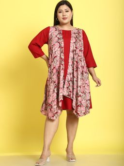 theRebelinme - Plus Size Womens Maroon Rose Floral Printed A-Line Knee Dress