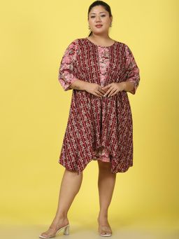 theRebelinme - Plus Size Womens Maroon Gold Foil Printed A-Line Knee Dress
