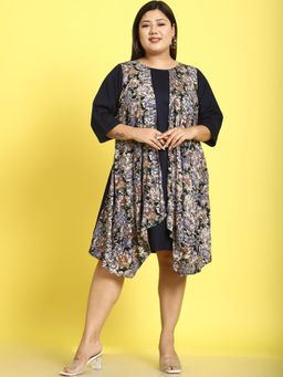 theRebelinme - Plus Size Womens Navy Rose Floral Printed A-Line Knee Dress