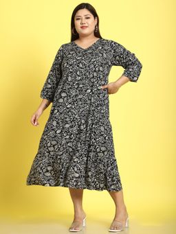 theRebelinme - Plus Size Womens Black Batik Floral Printed A-Line Midi Dress