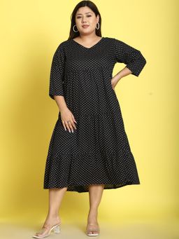 theRebelinme - Plus Size Womens Black Polka Dot Printed A-Line Midi Dress